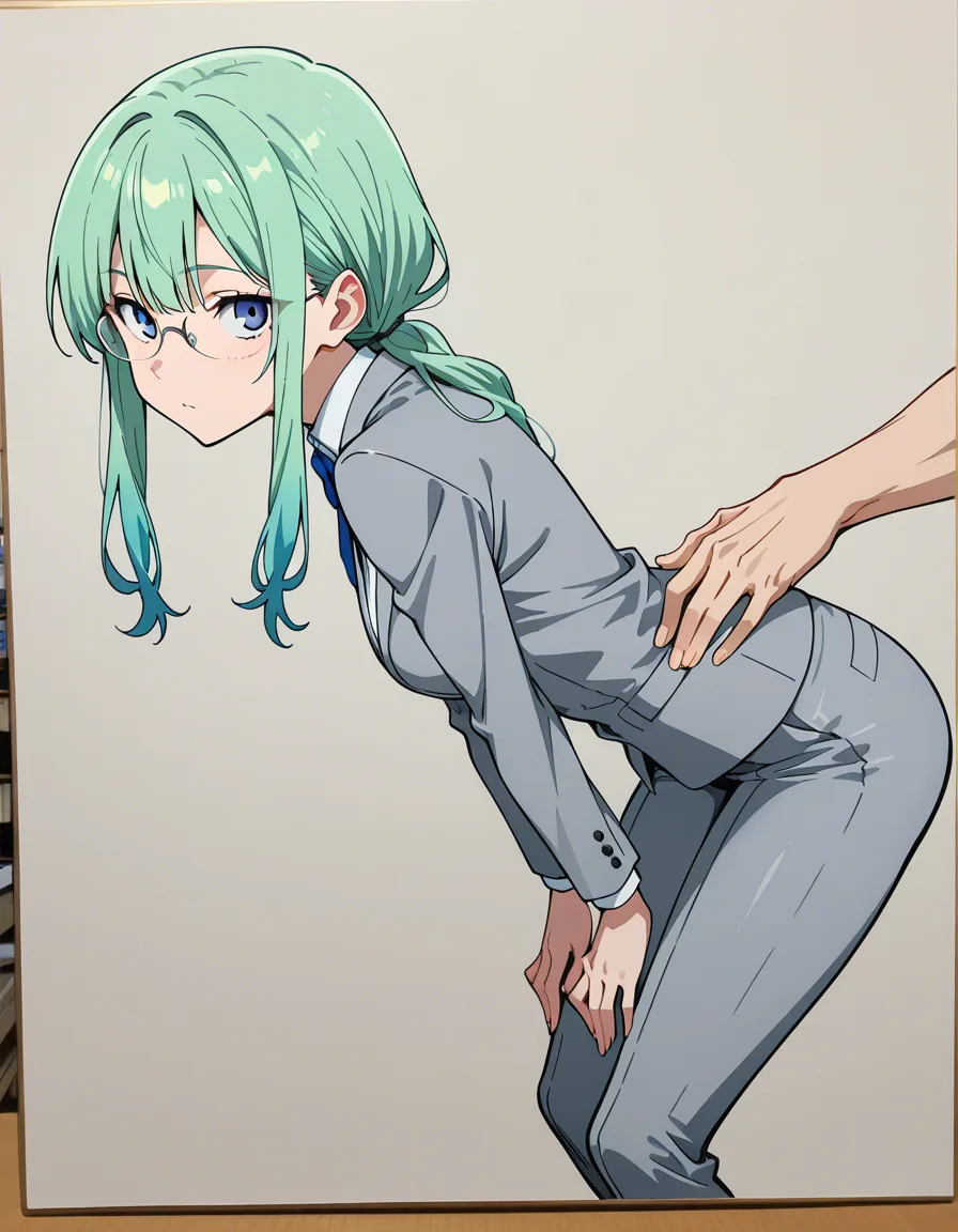 ultra detailed, 1other, bent over, glasses, sidelocks, manga panel look, hentai_studio_quality