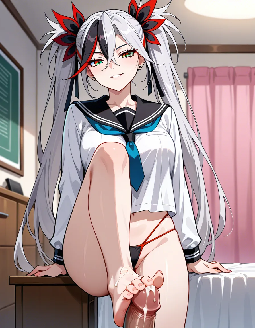 camellya, seductive_smile , bedroom, school_uniform, no pants, footjob, cum, g-string, standing, hentai_studio_quality
