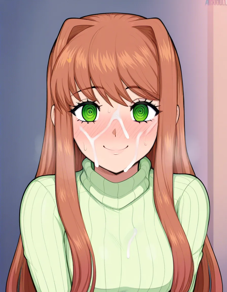 afrobull_artstyle, @monika_(doki_doki_literature_club), 1girl, solo, hair_down, full-face_blush, smile, turtleneck_sweater, facial, cum, looking_at_viewer, (anime style:1.3), 2d, anime screencap, cel shading, flat color, @00osamio00