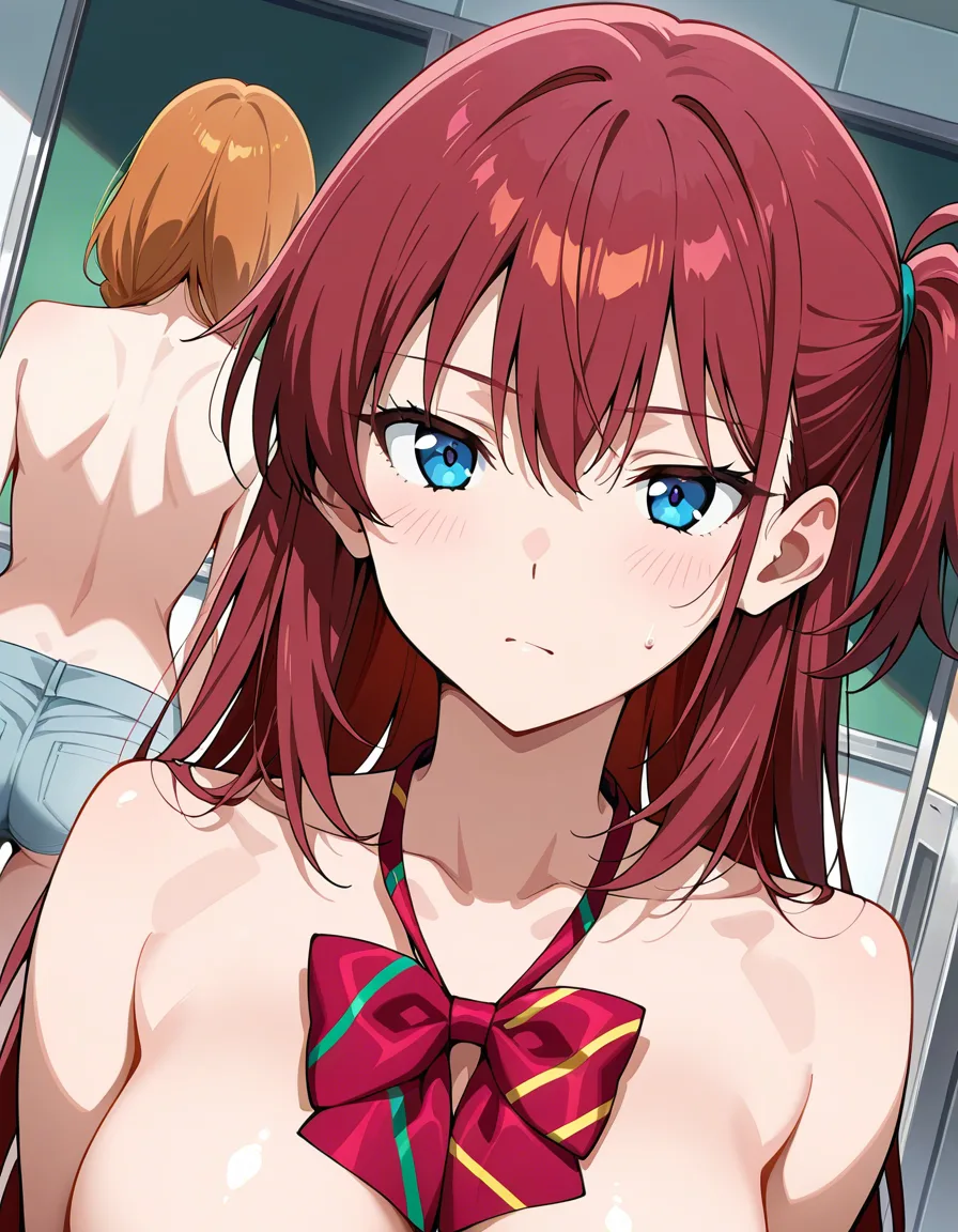 best quality, polished, multiple girls, bowtie, topless, relaxed mood, dutch angle, vivid anime colors, hentai_studio_quality