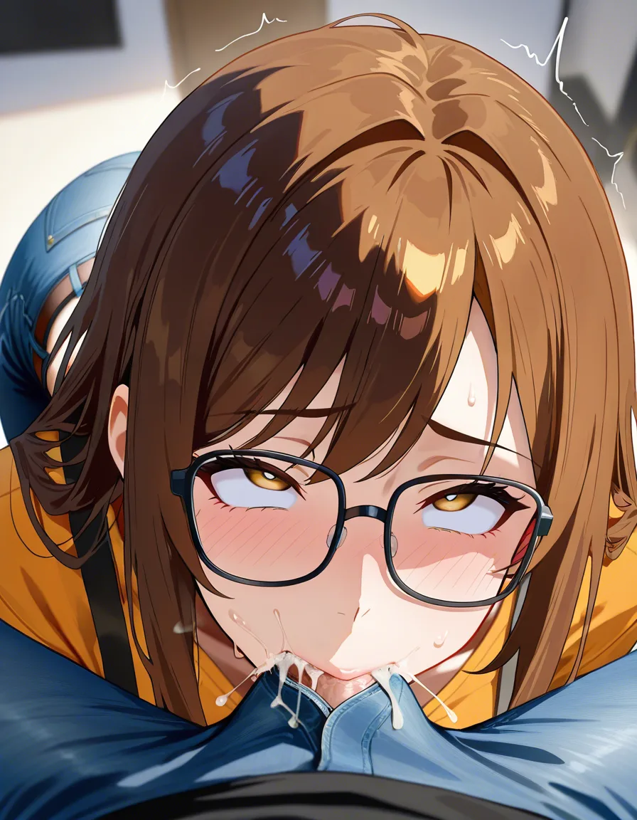 dick in mouth, cumming, ahegao, jeans, glasses, long brown hair, 30-40 years old, depth of field, detailed shading, hentai_studio_quality, hentai_studio_quality, score_9, score_8, 3d render, octane render, subsurface scattering, ray tracing, smooth shading