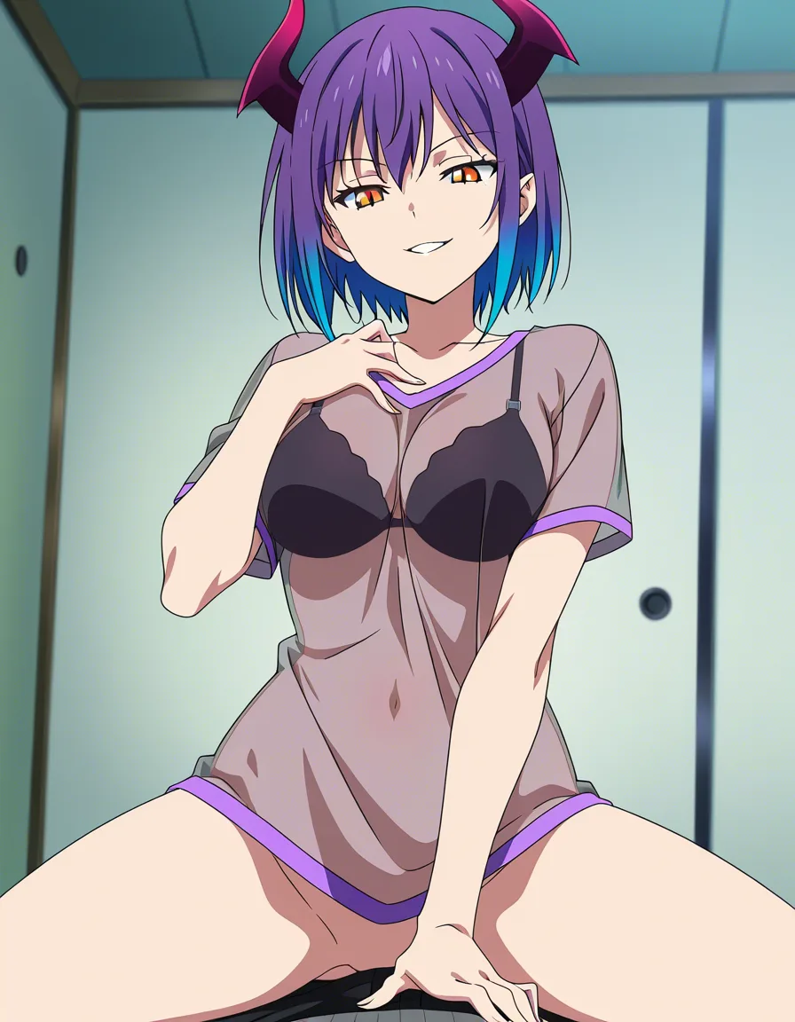 highres, vivid, demon girl, spread_legs ,see-through_shirt, doujin style, no_panties, evil_smile, femdom, (anime style:1.3), 2d, anime screencap, cel shading, flat color, hentai_studio_quality