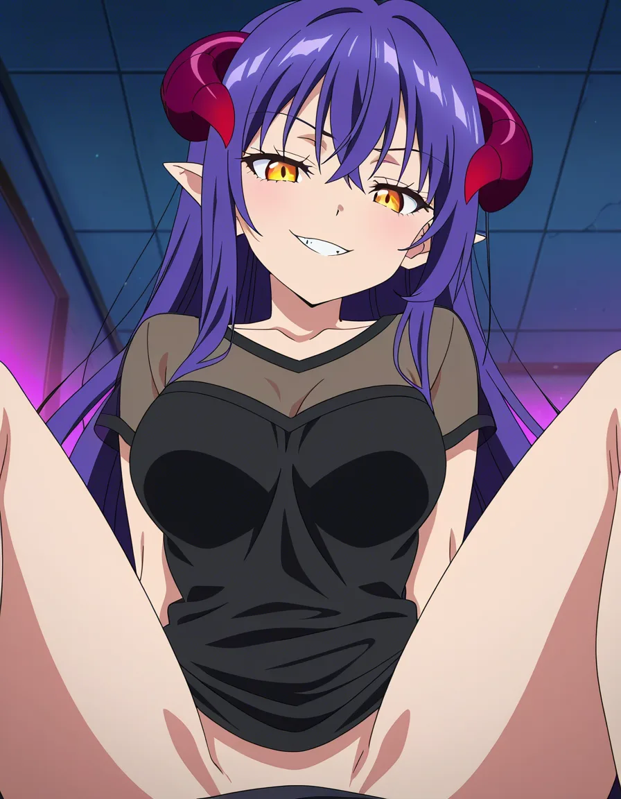 highres, vivid, demon girl, spread_legs ,see-through_shirt, doujin style, no_panties, evil_smile, femdom, (anime style:1.3), 2d, anime screencap, cel shading, flat color