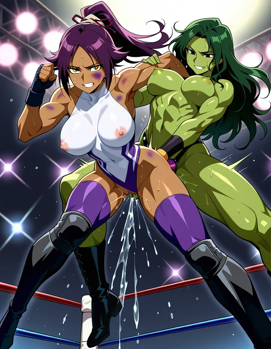 She-hulk, @shihouin_yoruichi , 2girls yuri sex , wrestling_ring, wrestling orgasm pussy_juice, defeated, squirting , bruised, strap-on vaginal , sex_from_behind fingering, hentai_studio_quality