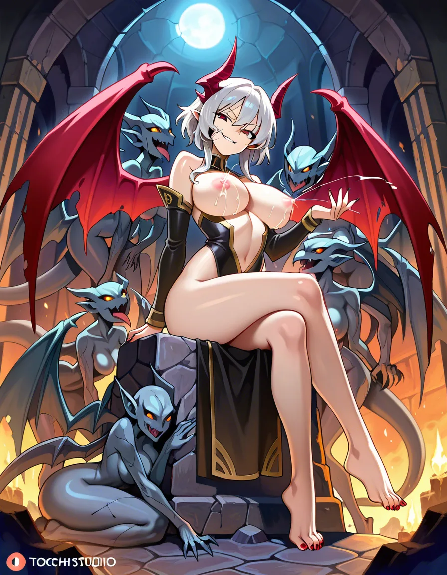 best quality, polished, gargoyle, wings, human face, detached sleeves, intense passion, breasts_out, lactation, gangbang, multiple_girls, smirk, toenail_polish, cracked skin, horny, dungeon walls, torchlight, sitting on stone pilar,, hentai_studio_quality, hentai_studio_quality