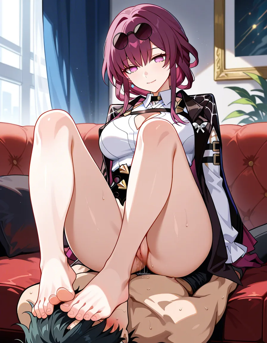 ultra detailed, solo, @kafka_(honkai:_star_rail),  feet, sitting_on_person, feet on face, femdom, pussy, pussy_juice, pussy dripping, sitting on couch, cleavage, eroge aesthetic, hentai_studio_quality