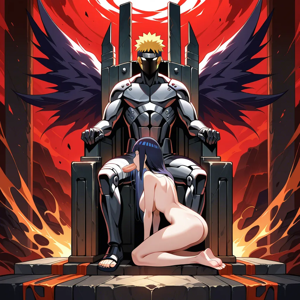 Naruto Uzumaki, sitting, @hyuuga_hinata, long_hair, Nude, kneeling, fellatio, Iron Throne, hentai_studio_quality