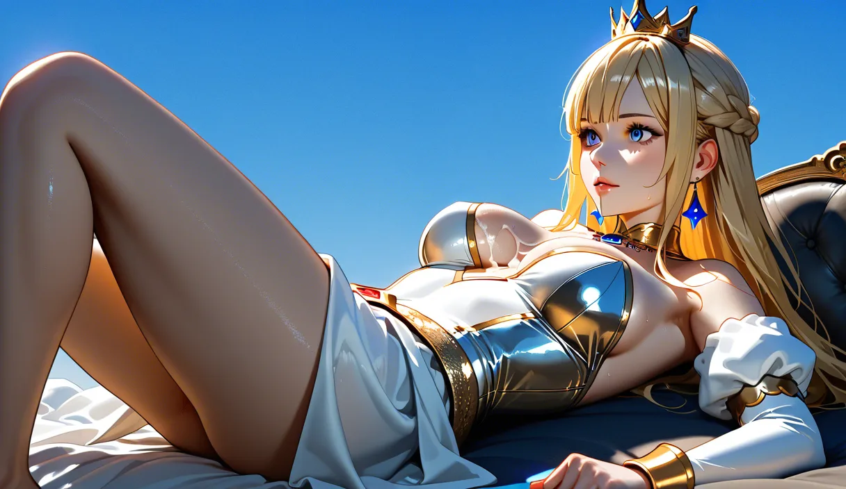 dslr, film grain, photorealistic, princess, legs, hat, cum on breasts, blue sky, cinematic realism