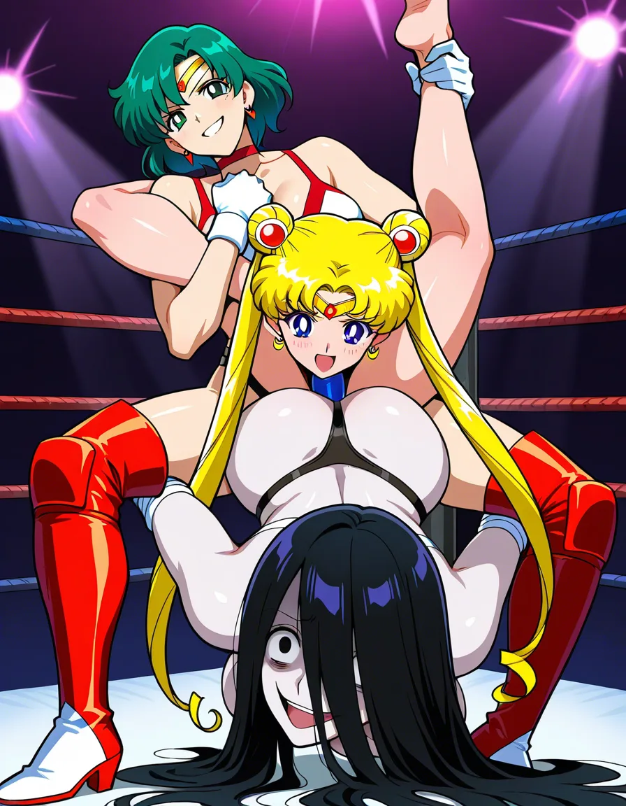 sadako_yamamura_(the_ring) evil_smile , @sailor_moon , 2girls yuri sex, wrestling_ring wrestling, strap-on vaginal doggystyle,, hentai_studio_quality