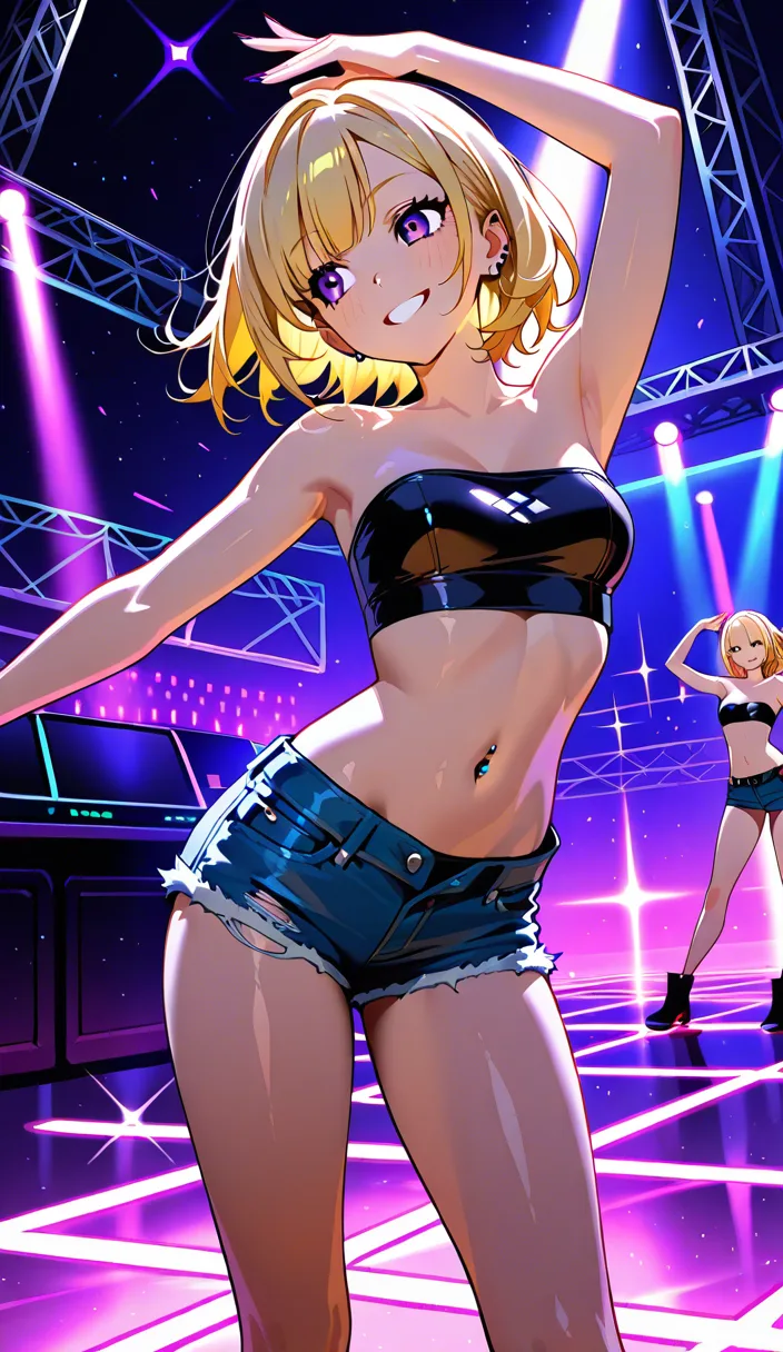 blonde hair, small breasts, open_fly, dancing, smile, tube_top, denim_shorts, navel_piercing, nightclub