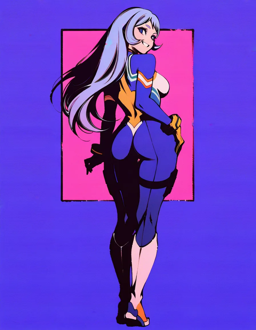 #moshimoshibe_artstyle, @hado_nejire, boku_no_hero_academia, 1girl, solo, blue_hair, long_hair, blue_eyes, large_breasts, grin, bodysuit, ass, standing, full_body, looking_back, from_behind, hentai_studio_quality