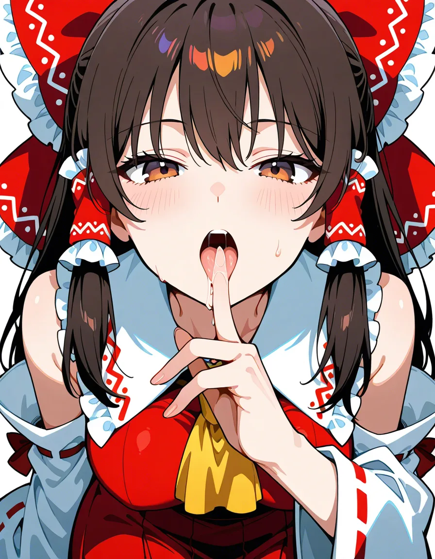 @hakurei_reimu fingering finger_to_mouth dripping, hentai_studio_quality