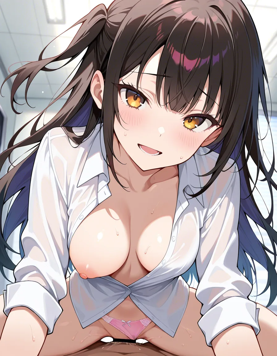 narui monoga yoru, masterpiece, best quality, newest, absurdres, highres, sex cowgirl, 1girl, horny, ecstasy, looking at viewer, sex in office, white, open white shirt, one breast exposed, pink panties, sex through panties, flying hair, hentai_studio_quality
