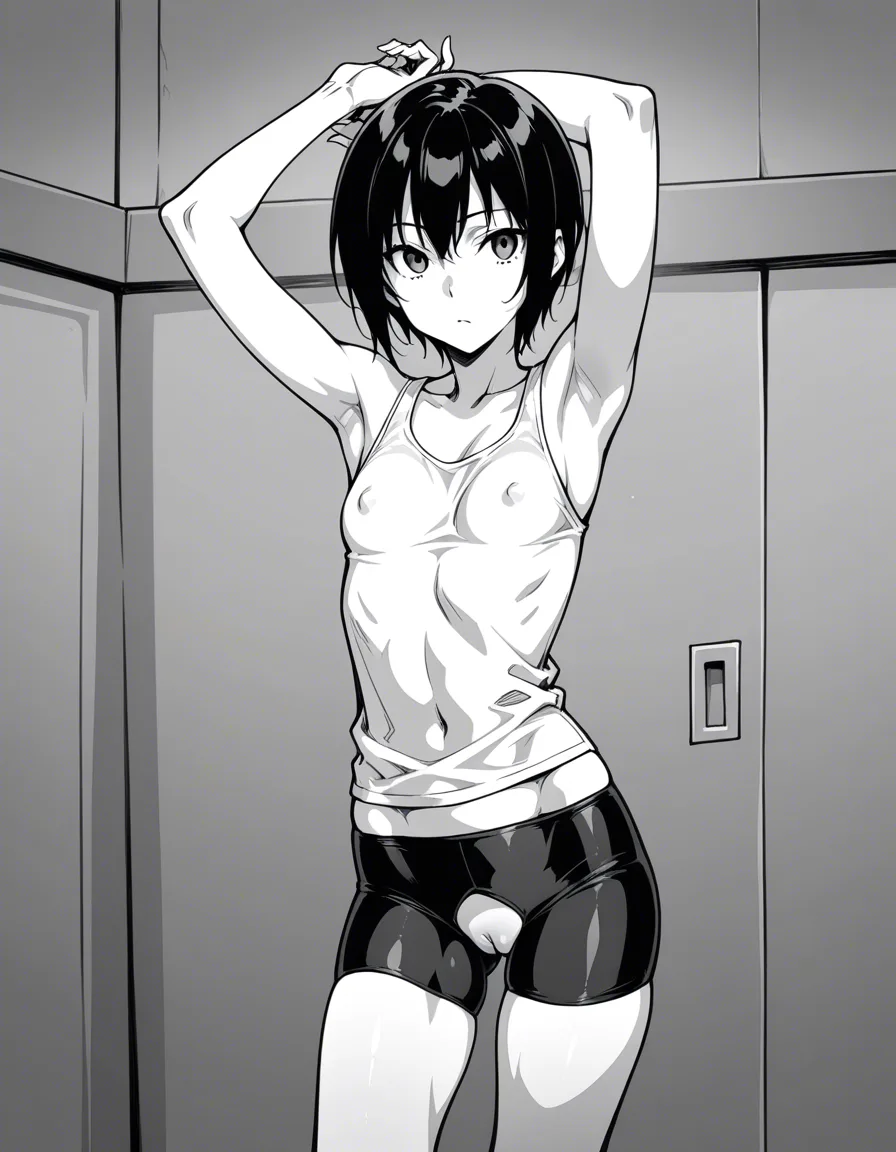 1girl, short_hair, arms_up, small_breasts, bike_shorts, tank_top, covered_nipples, uncensored, greyscale, otoko_no_ko., hentai_studio_quality
