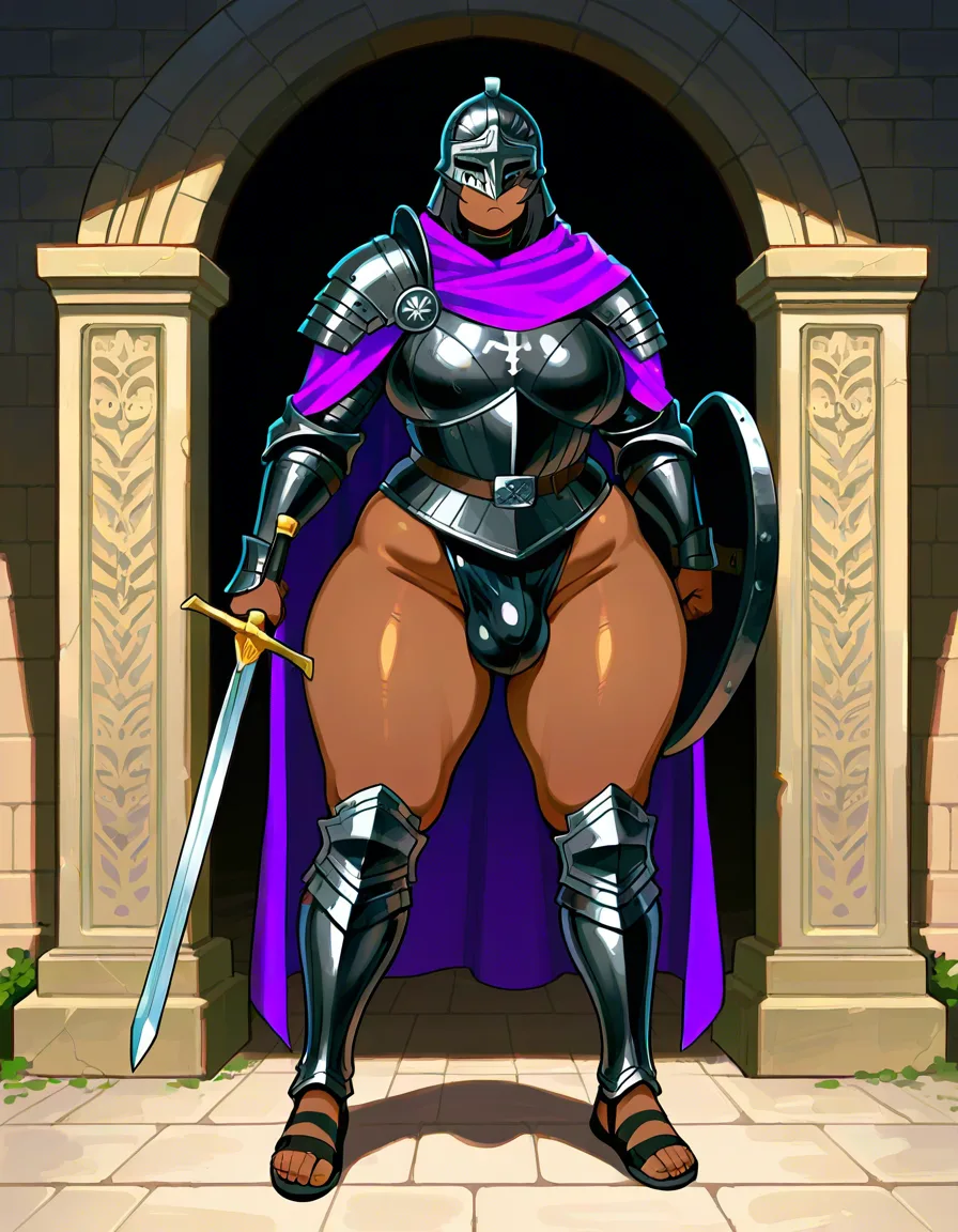 tall futanari praetorian guard, with roman pretorian legionary black metal armor segmentata,roman gladius sword , black metal shield, black hair, plump body, chubby, bimbo, purple cloak, black roman helmet mask, brown skin, guarding the gate, looking fuckable, bulge,  wide_hips legs_apart angry, sandals, score_9, score_8, 3d render, octane render, subsurface scattering, ray tracing, smooth shading