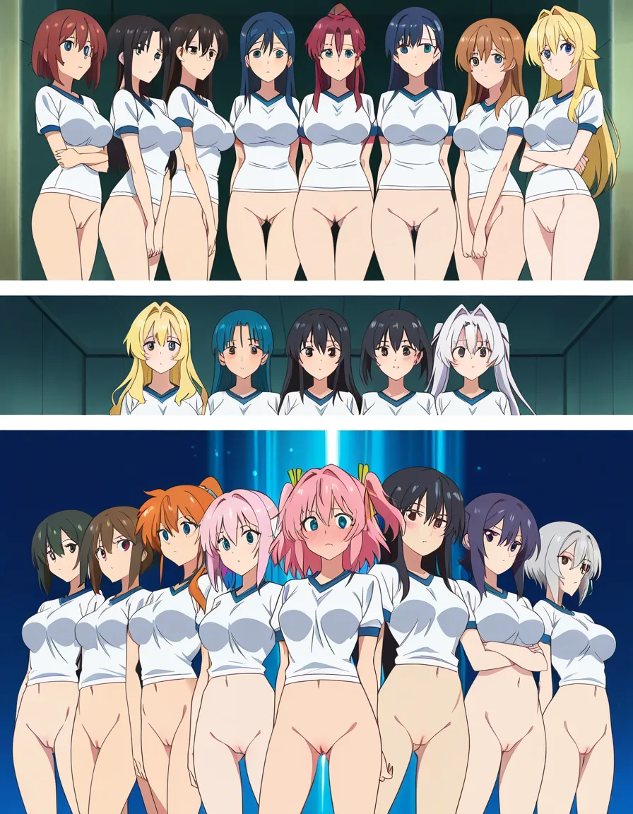 masterpiece, best quality, 6+girls, ass visible through thighs, short sleeves, creampie, submissive blush, manga panel look, (anime style:1.3), 2d, anime screencap, cel shading, flat color