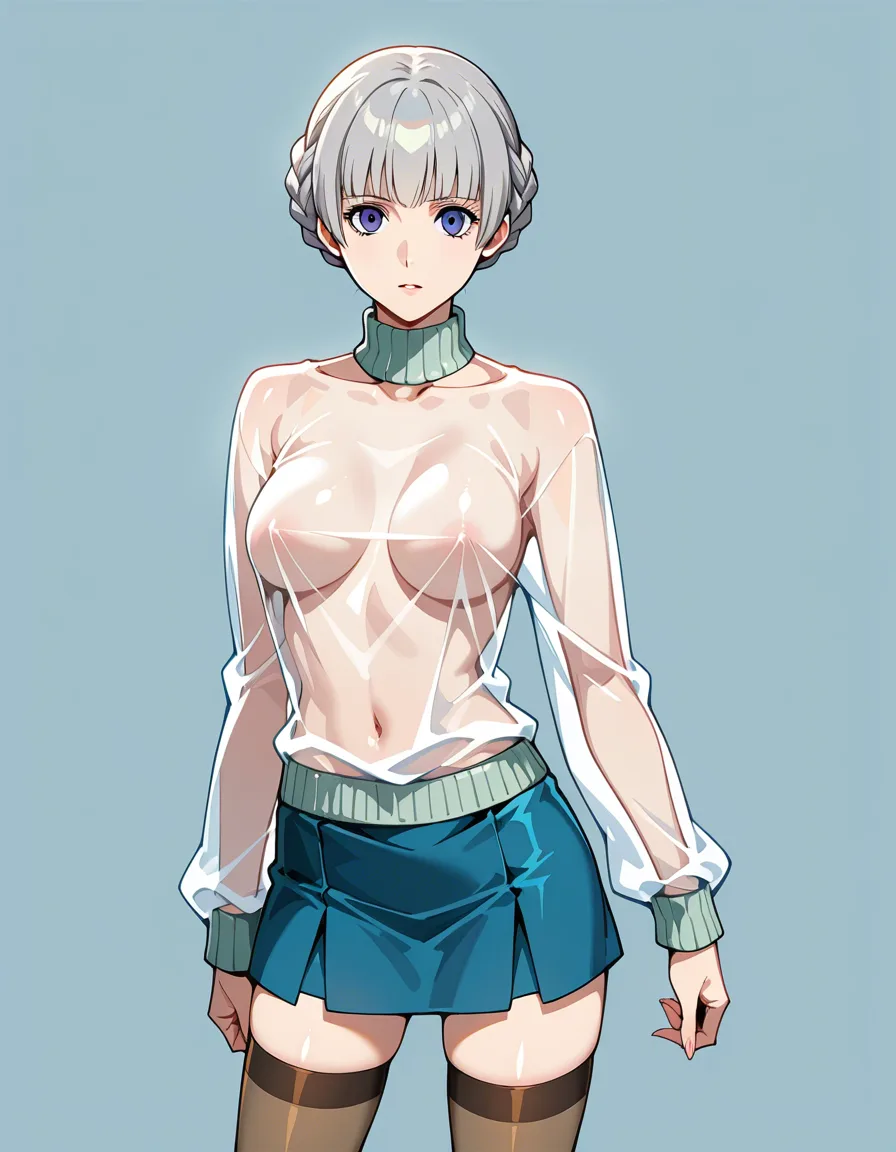 alice elliot from shadow hearts in a miniskirt with no_panties and no_bra in a nearly see through sweater in her normal thighhighs, hentai_studio_quality