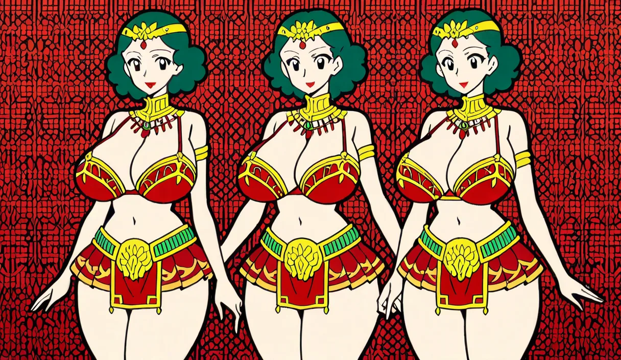1 Adult Mother Goddess with multiple arms, ethnicity Hindu, Bengali, red lipstick, Accurate Anatomy, symmetrical body structure, Big chest, Thick thighs and arms, thick pelvis, tight fitting bra with intricate patterns and baggy mini skirt with curls and frills, Adorned Heavily in Indian Ornaments, black eyes, POV Sex, Symmetrical Tight Straddling Position, Having sex with viewer, big all around Mukut Crown, devine radiance, Calm and Graceful Expression, confident smile with hooded eyes, flowers around in Symmetrical order, holding flowers, floral necklace, semi realistic
