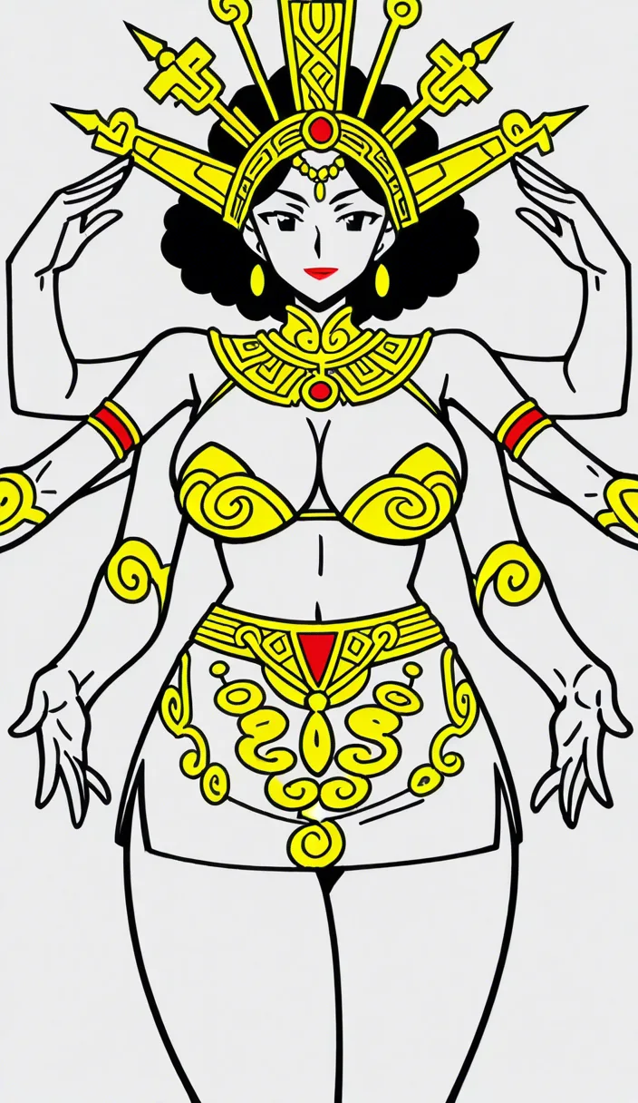 1 Adult Mother Goddess with multiple arms, ethnicity Hindu, Bengali, red lipstick, Accurate Anatomy, symmetrical body structure, Big chest, Thick thighs and arms, thick pelvis, tight fitting bra with intricate patterns and baggy mini skirt with curls and frills, Adorned Heavily in Indian Ornaments, black eyes, POV Sex, Pussy, Symmetrical Tight Straddling Position, Having sex with viewer, big all around Mukut Crown, devine radiance, Calm and Graceful Expression, confident smile with hooded eyes, flowers around in Symmetrical order, holding flowers, floral necklace, semi realistic