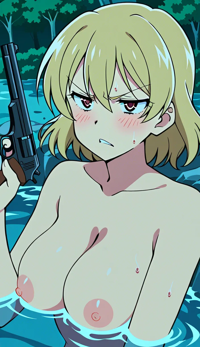 Mature cowgirl big breasts western nude Mexican blonde hair completely nude bathing in river holding gun angry drunk
