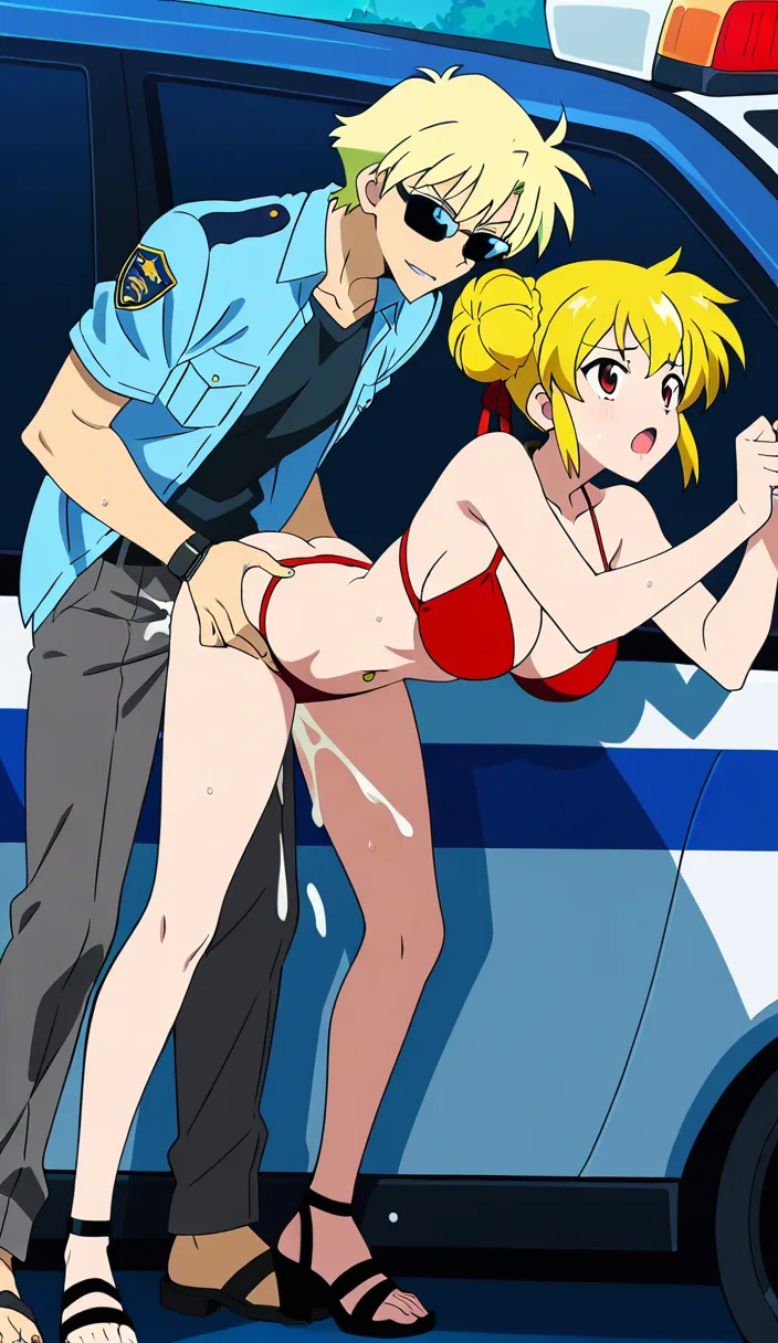 Next to police car, doggystyle sex, clothed sex, orgasm. mature_female, blonde hair in loose bun, navel piercing, shoulder tatoo, firm ass, wearing sunglasses, red bikini top, and black sandals, (wrists handcuffed behind back:1.5), fucked from behind by police officer with large penis. Standing, bent forward, face down on hood of car, red bikini bottom pulled down. Natural outdoor lighting, photorealistic, sharp focus.