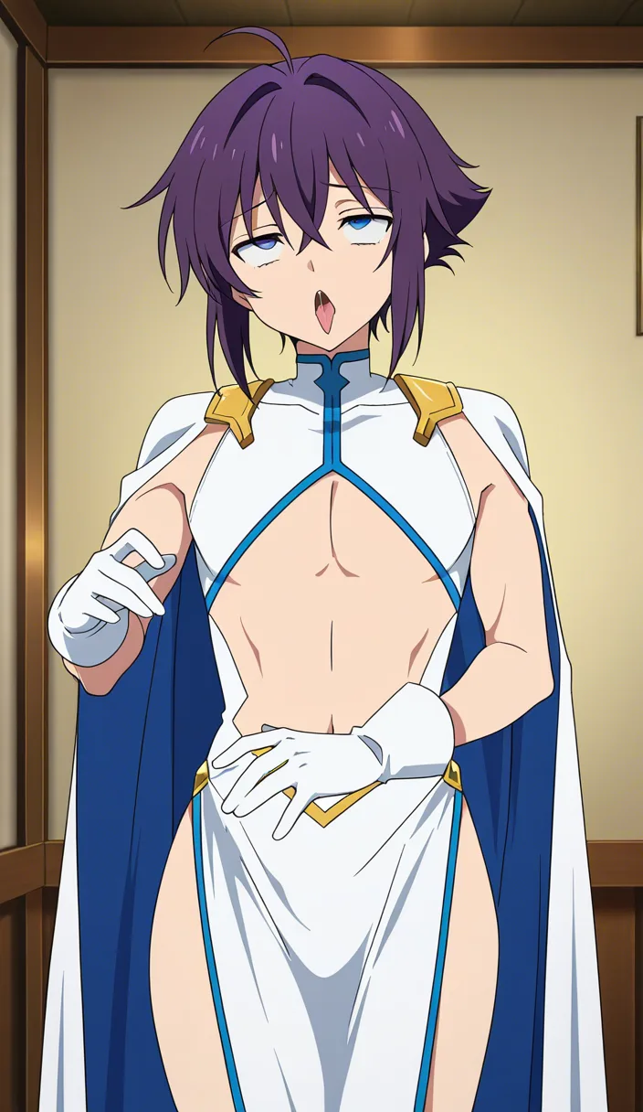 masterpiece, clean art, male focus, curvy figure, white gloves, ahegao, indoors, dominant stare, visual novel art, (anime style:1.3), 2d, anime screencap, cel shading, flat color, @00osamio00