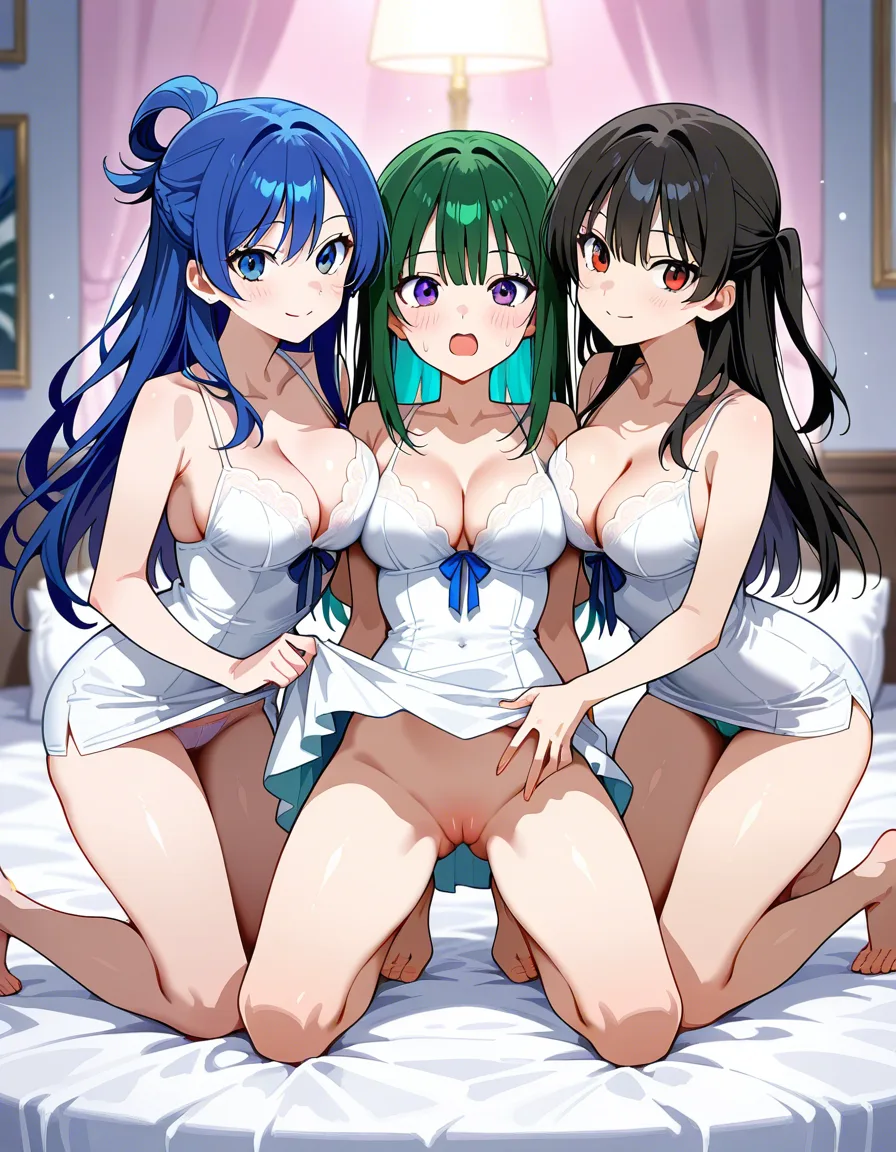 highres, vivid, 3girls, dress, kneeling on bed, explicit anime render, hentai_studio_quality
