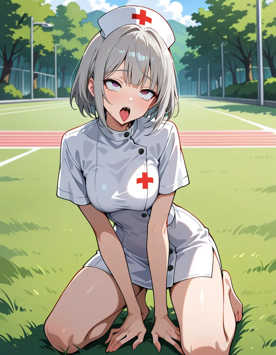 highly detailed, sharp, nurse, ahegao, barefoot, grey hair, outdoors, soft cel shading, hentai_studio_quality