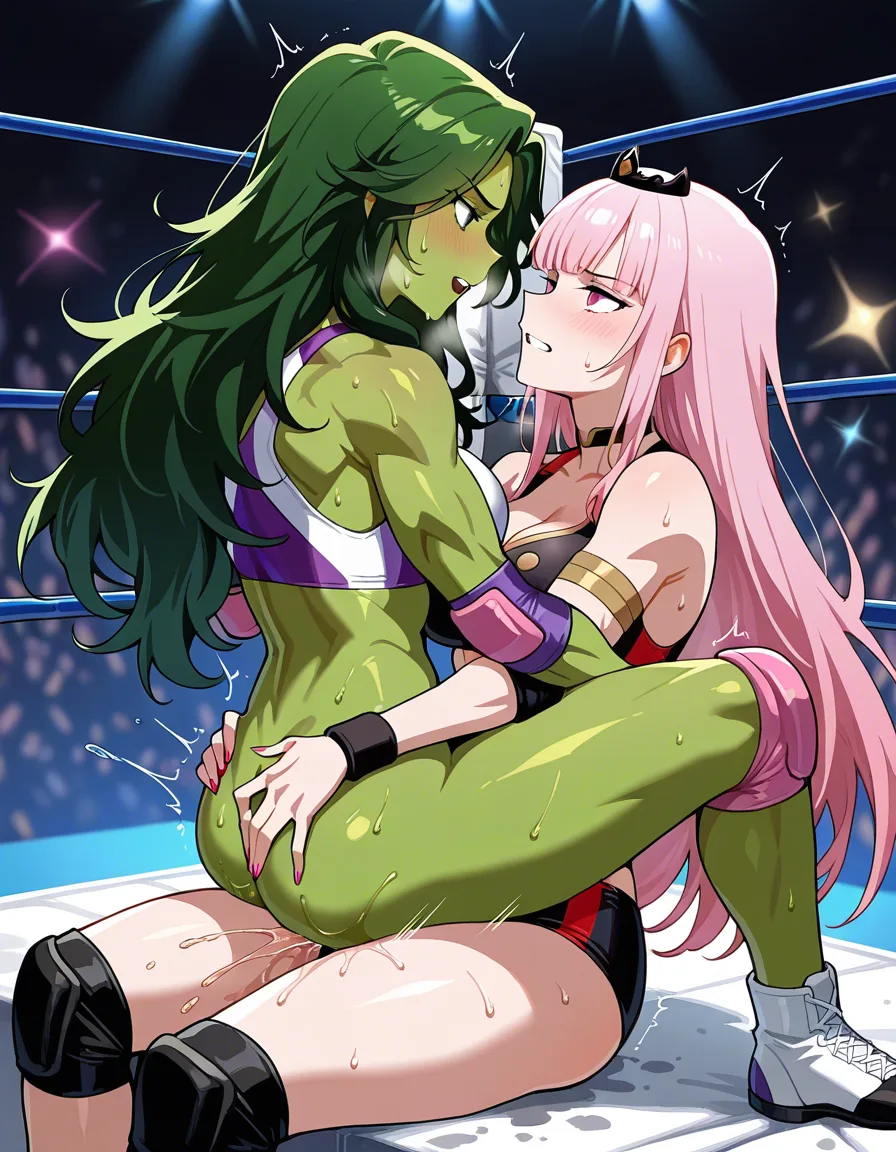 2girls , Best_quality, ultra_detailed, from_side , she-hulk , @mori_calliope ,   yuri sex ,wrestling_ring wrestling defeated, pussy_juice squirting orgasm , sweat, humping, hentai_studio_quality, hentai_studio_quality