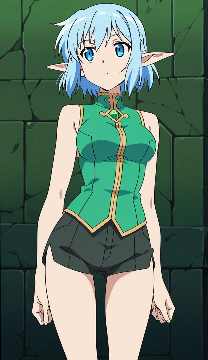 masterpiece, best quality, elf girl, arching back, ass visible through thighs, shorts, anime screencap