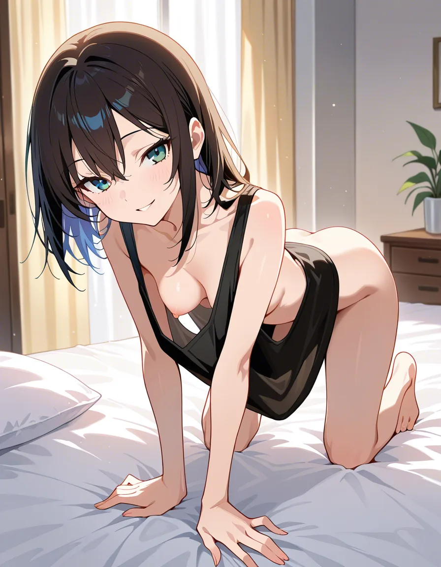 best quality, masterpiece, nipple_slip, no_bra, no_panties, small_breasts, hanging_breasts, 1girl, alone, full_body, oversized_clothes, oversized tank_top, all_fours, bedroom, seductive_smile,, hentai_studio_quality