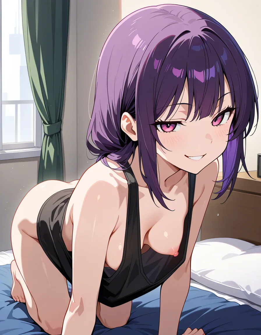 best quality, masterpiece, nipple_slip, no_bra, no_panties, small_breasts, hanging_breasts, 1girl, alone, full_body, oversized_clothes, oversized tank_top, all_fours, bedroom, naughty_face , paizuri, purple_hair, hentai_studio_quality