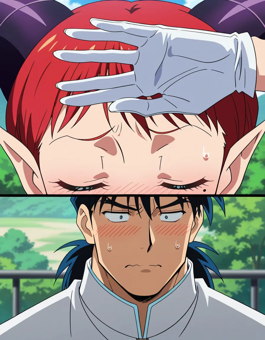 ultra detailed shading, demon girl, mole, white gloves, facesitting, day, nervous blush, manga panel look, (anime style:1.3), 2d, anime screencap, cel shading, flat color