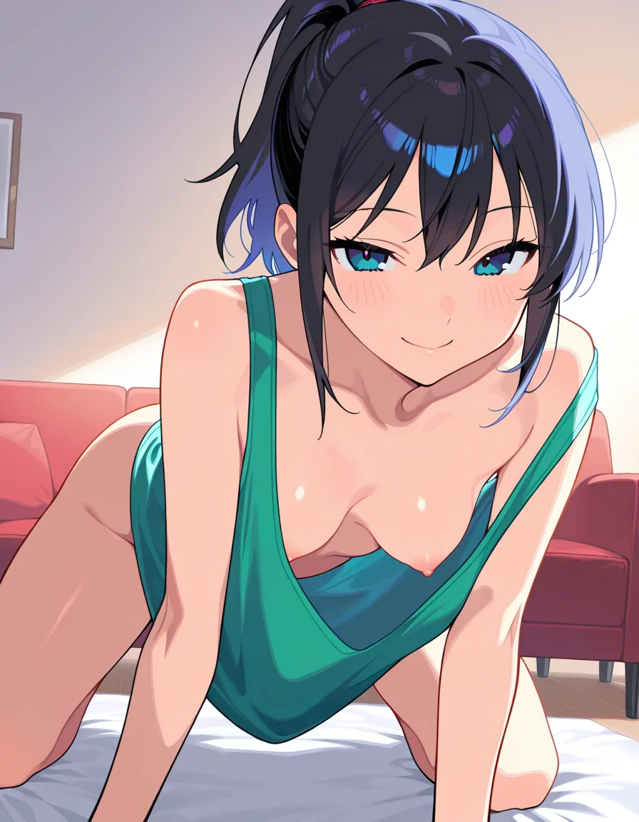 masterpiece, best quality, breasts_out, naked breasts, very small_breasts, nipple_slip hanging_breasts oversized_clothes, oversized tank_top, no_bra, all_fours, no_panties, full_body, spread_legs,
1girl, alone, seductive_smile, ponytail, couch, livingroom, hentai_studio_quality