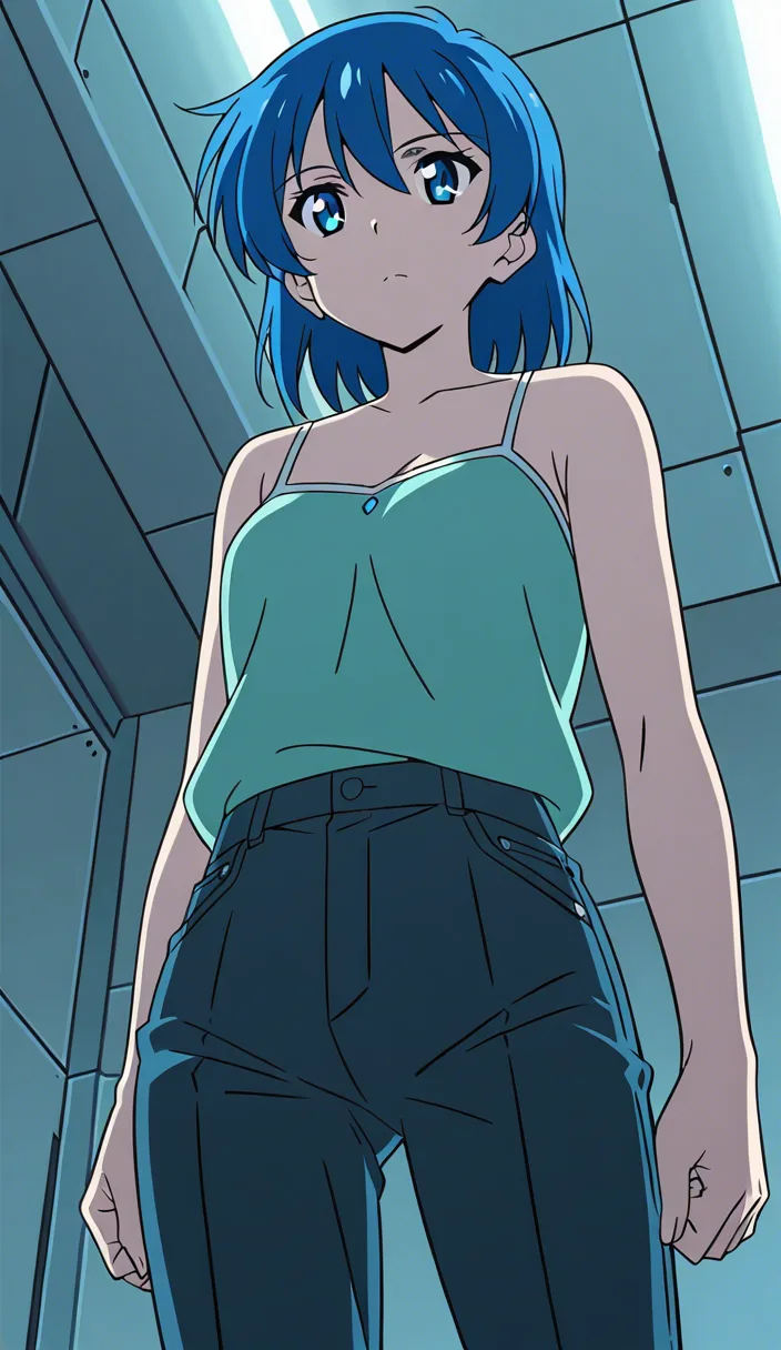 highly detailed, natural lighting, solo focus, bare shoulders, pants, hair pull, from below, cinematic realism