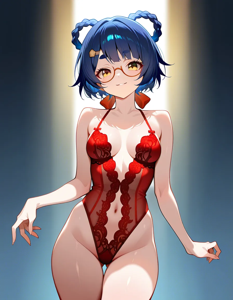 @xiangling_(genshin_impact), nude, seductive_smile, small_breasts, /hentai_studio_quality, /masterpiece, /best_quality, /best_lighting, /ultra_detailed, /highres, red_panties, red_lingerie, no bra, glasses, hentai_studio_quality