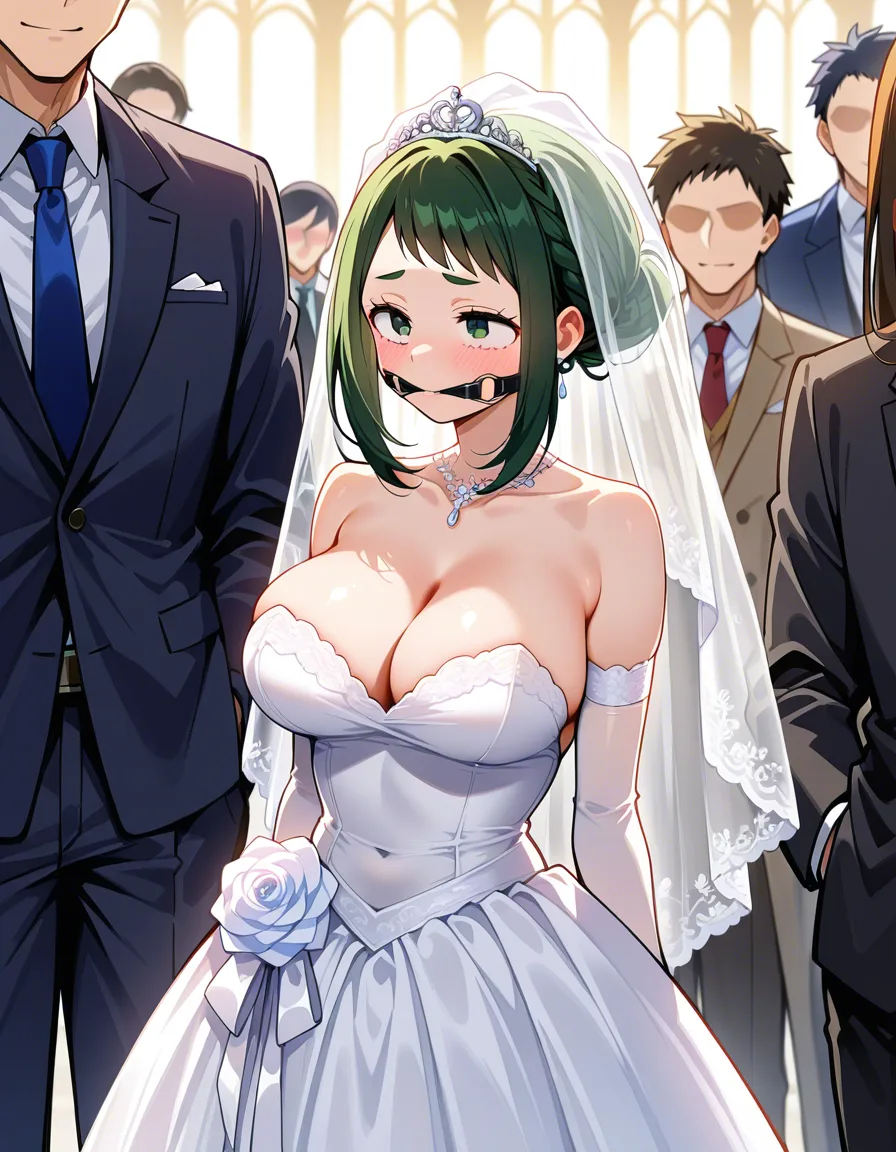 @uraraka_ochaco #wedding_dress #bridal_veil #lace #gagged #public_indecency, hentai_studio_quality