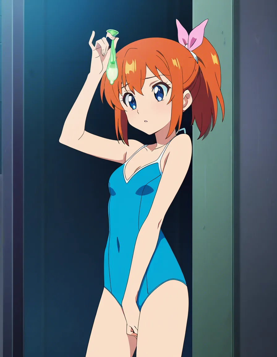 ultra detailed, girl finds used condom full of semen, swimsuit , holding up condom, very small breasts, masturbation, pool party in background, (anime style:1.3), 2d, anime screencap, cel shading, flat color, (anime style:1.3), 2d, anime screencap, cel shading, flat color, hentai_studio_quality