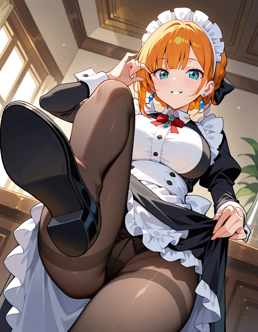 masterpiece, fine detail, maid, earrings, leg up, playful expression, dutch angle, detailed shading, hentai_studio_quality