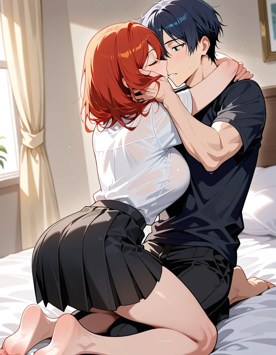 masterpiece, best quality, couple, black skirt, kneeling on bed, three-quarter view, detailed shading, hentai_studio_quality