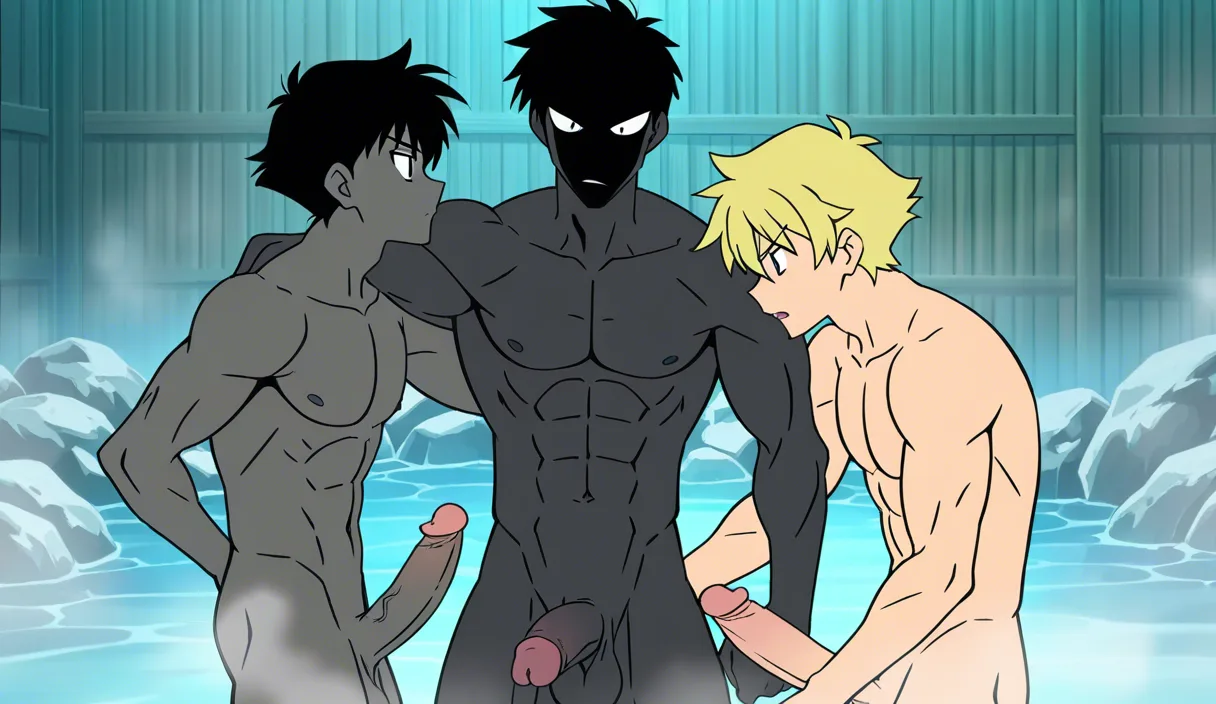 yaoi 3p, two handsome muscular black-haired men sandwiching a slender blonde man in onsen, both cocks inside him, blonde's own hard cock shown and leaking, intense sex, steam, anime style, uncensored,3D,anime coloring
