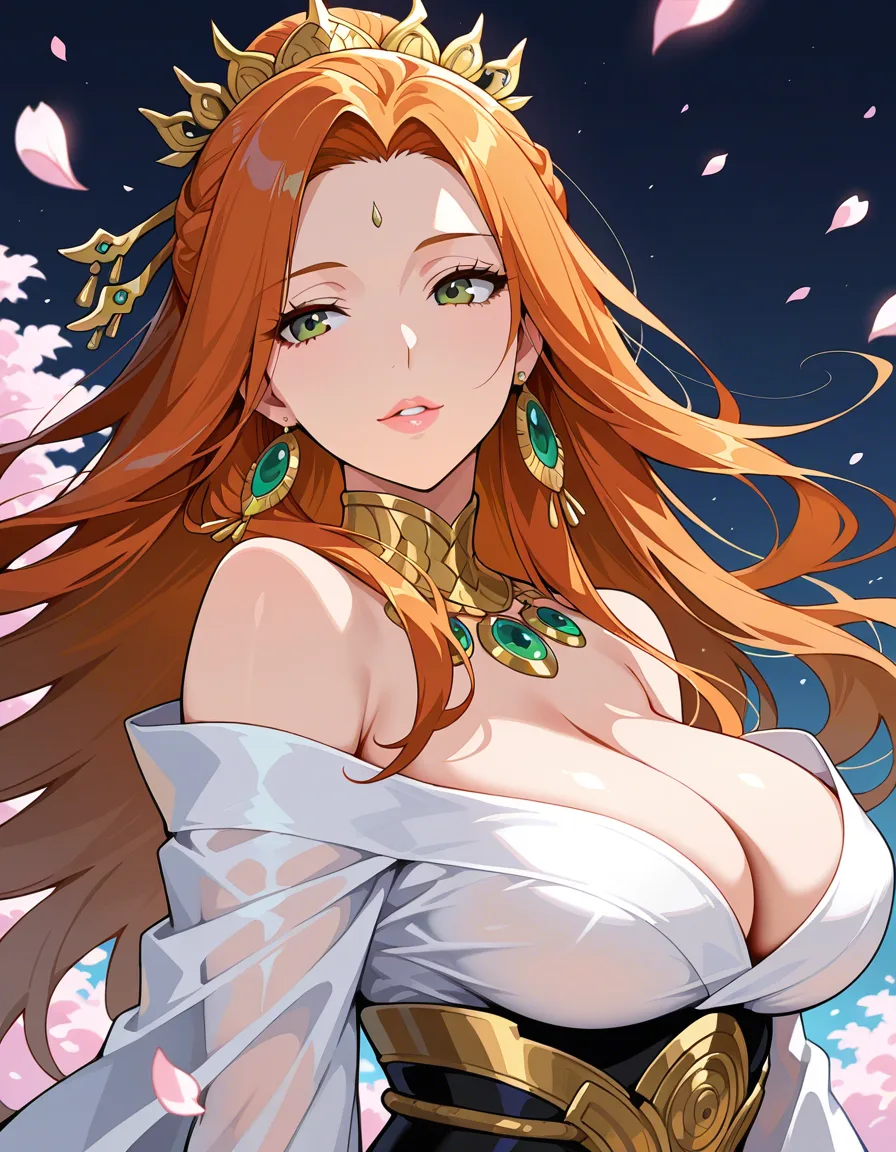 masterpiece, best quality, milf, futanari, lips, hair ornament, petals, hentai style, hentai_studio_quality