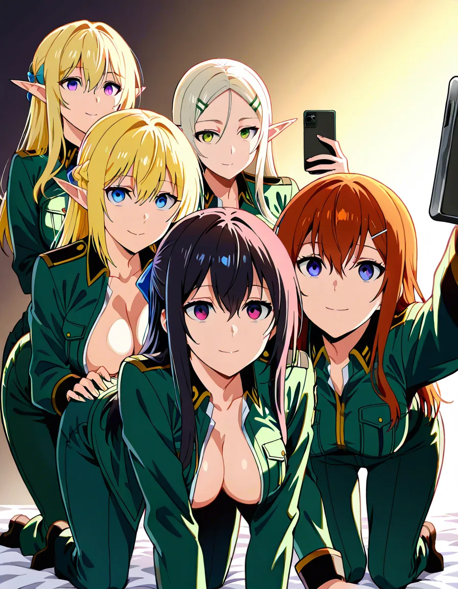 highly detailed, natural lighting, milf, hairclip, pants, on all fours, RAW picture_frame, military_uniform, science_fiction, sharp focus, 5girls, hair bow, open clothes, bondage, volumetric light_smile, elf, selfie, gradient_background, grabbing_from_behind, @makise_kurisu, @hatsune_miku, hentai_studio_quality