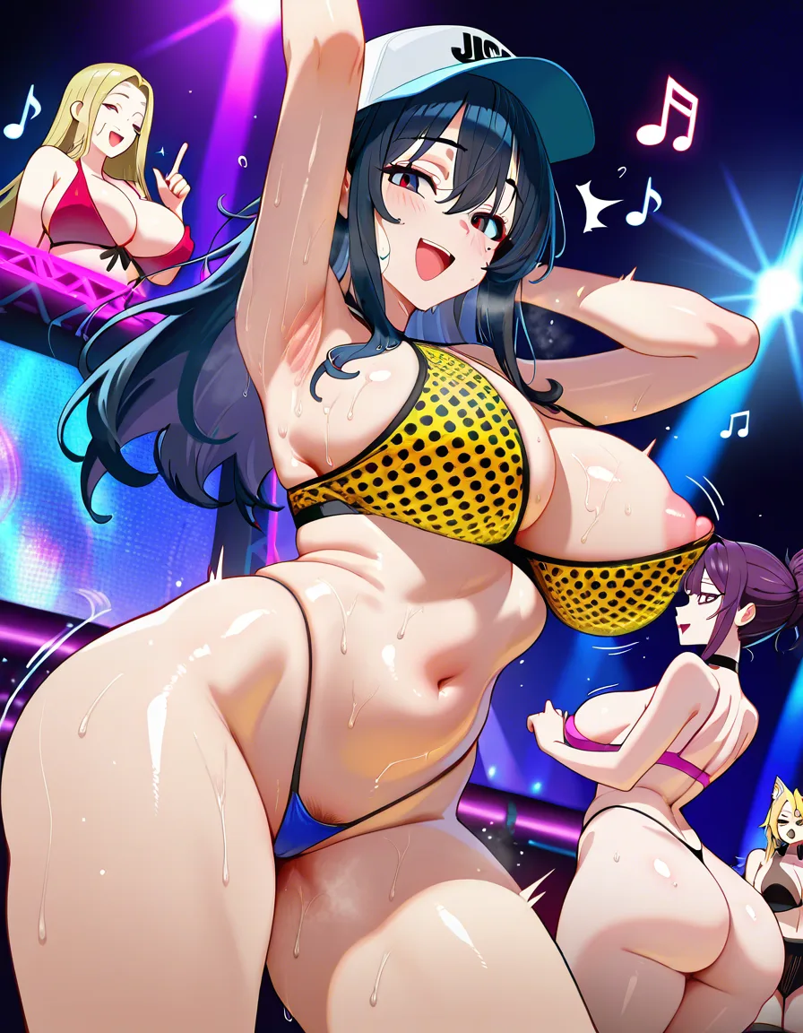 ultra detailed, #mature_female #mommy #3girls #huge_breasts #wide_hips #huge_ass #pawg #plump #sweat #jiggle #jazz #musical_note #singing #dancing #thong #nipple_slip #armpits #body_odor #jazzy #hat, score_9, score_8, 3d render, octane render, subsurface scattering, ray tracing, smooth shading