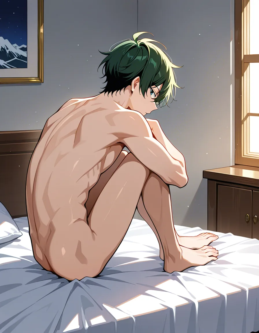 full_body cute 2boys 18yearsold nude on_bed, hentai_studio_quality