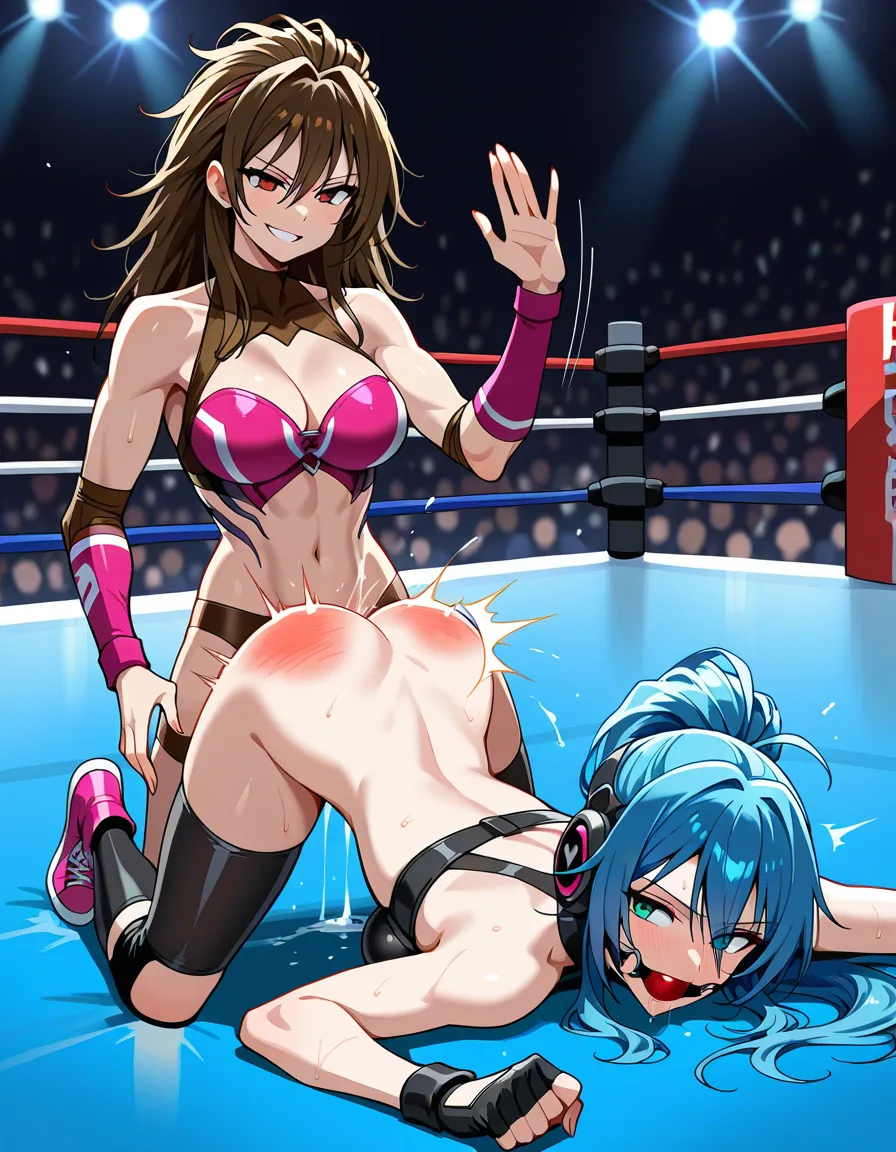 Sarah_kerrigan_(starcraft), projekt_melody_(vtuber), wrestling , sex , strapon , yuri , defeated, doggystyle , ballgag, spanking, hentai_studio_quality