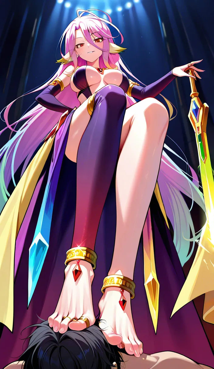 Irresistible girl no game no Life, standing up on one leg, High knee, dominant expression, seductive piercing eyes, alternative outfit, intricate jewelry, trample, humiliation, dominance, femdom, foot on face, ornate gold anklets, delicate jeweled toe rings, sexy legs, flawless skin texture, curvaceous body, cinematic lighting, dramatic shadows, big thighs, big hips, big boobs, size difference, larger female, smaller male, [hentai-style],, score_9, score_8, 3d render, octane render, subsurface scattering, ray tracing, smooth shading, score_9, score_8, 3d render, octane render, subsurface scattering, ray tracing, smooth shading