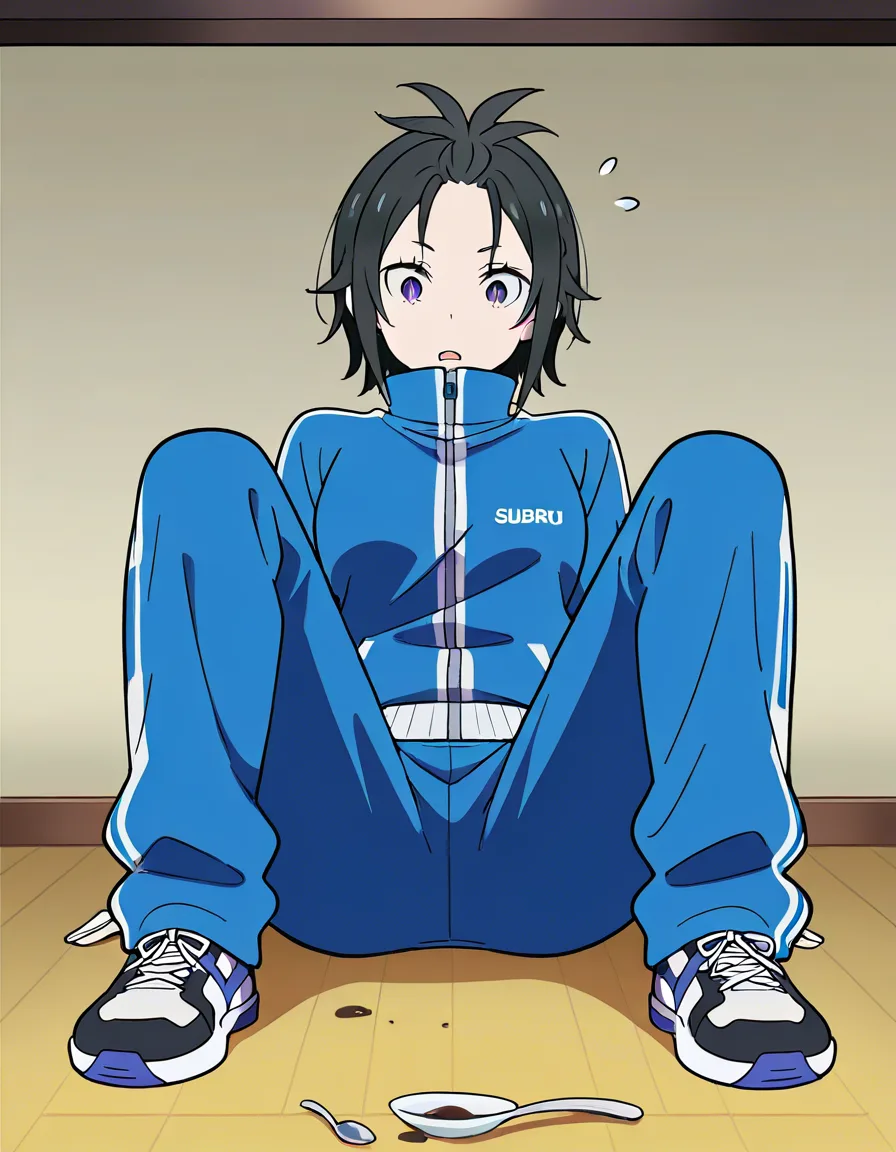 Subaru Natsuki from Re:Zero is sitting at a low Japanese dinner table and accidentally drops his spoon on the floor.
Exact same simple clean anime style as the reference image: bold black outlines, flat colors, minimal shading, clean and slightly simplified character design.
Subaru is wearing his blue tracksuit, black hair slightly messy, looking down with a surprised expression as the spoon falls.
Tsunade is only wearing a loose shirt with no bra and wear only panties. She has very large breasts, large areola, large nipples, and a large fat ass.
Traditional Japanese room with wooden floor, soft indoor lighting, subtle Dandadan atmosphere. Clean composition, sharp clean lines, flat vibrant colors., (anime style:1.3), 2d, anime screencap, cel shading, flat color, @00osamio00