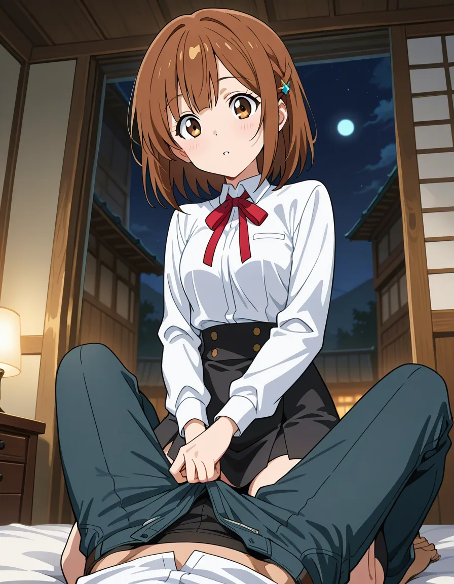 Anime girl Brown hair, white shirt black skirt, crawls on a guy and undzips his pants, hentai_studio_quality