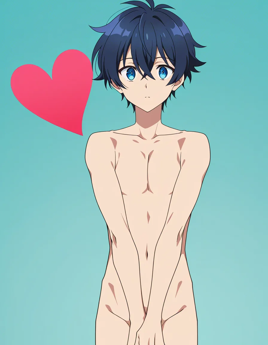 absurdres, highres, 1boy, heart, fully nude, cowboy shot, eroge aesthetic, (anime style:1.3), 2d, anime screencap, cel shading, flat color, @00osamio00